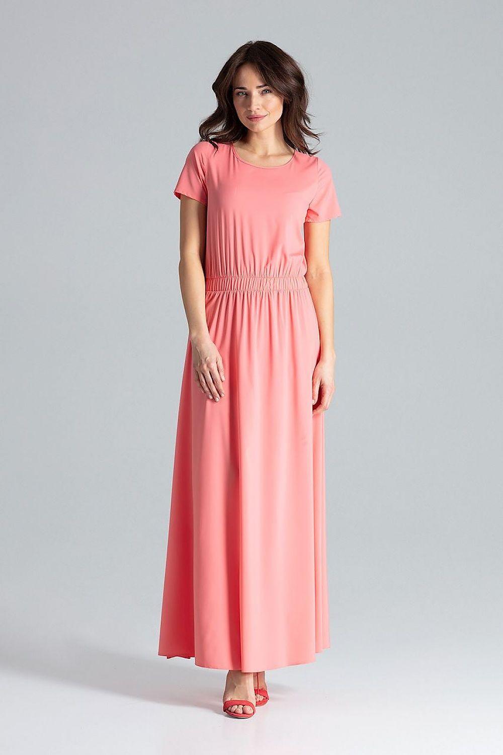Lenitif daydress in pink with short sleeves, ruched waist, gathered midi skirt