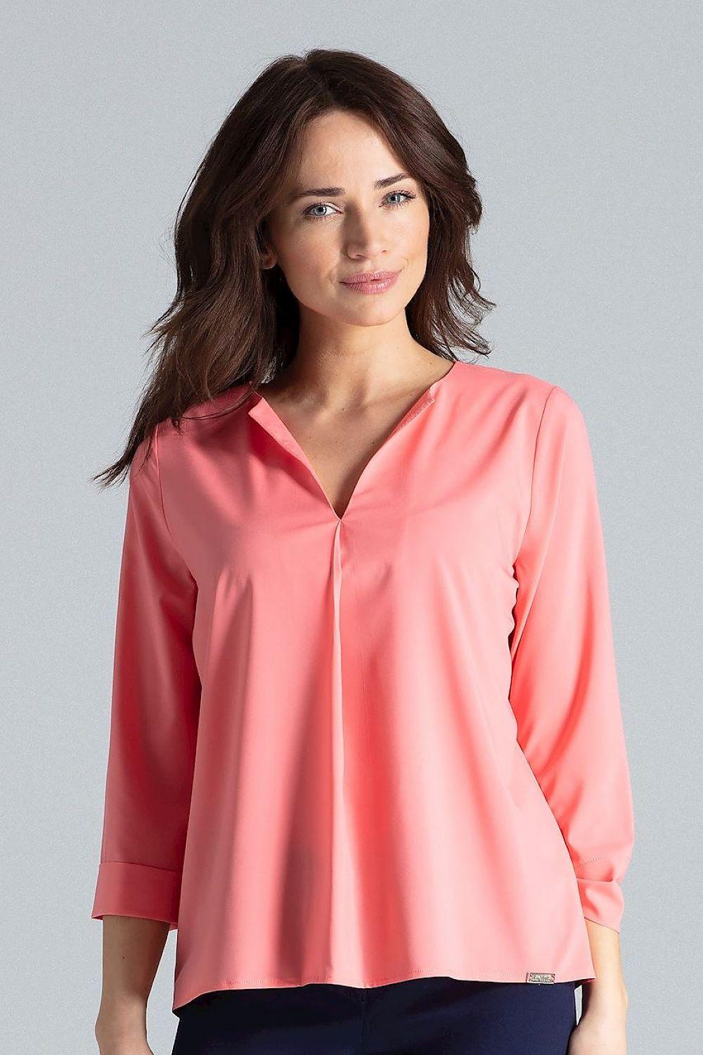 Pink blouse with V-neck button placket and three-quarter sleeves, relaxed fit