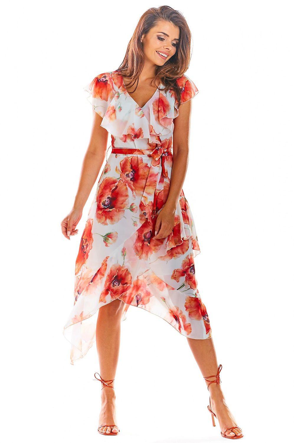 White floral cocktail dress with ruffled cap sleeves, belt tie, and asymmetrical hem