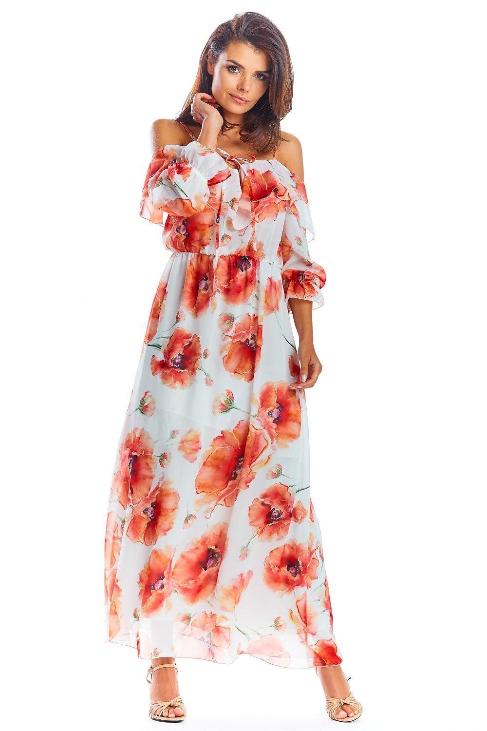 Awama daydress in white with orange floral print, off-shoulder ruffles, maxi length