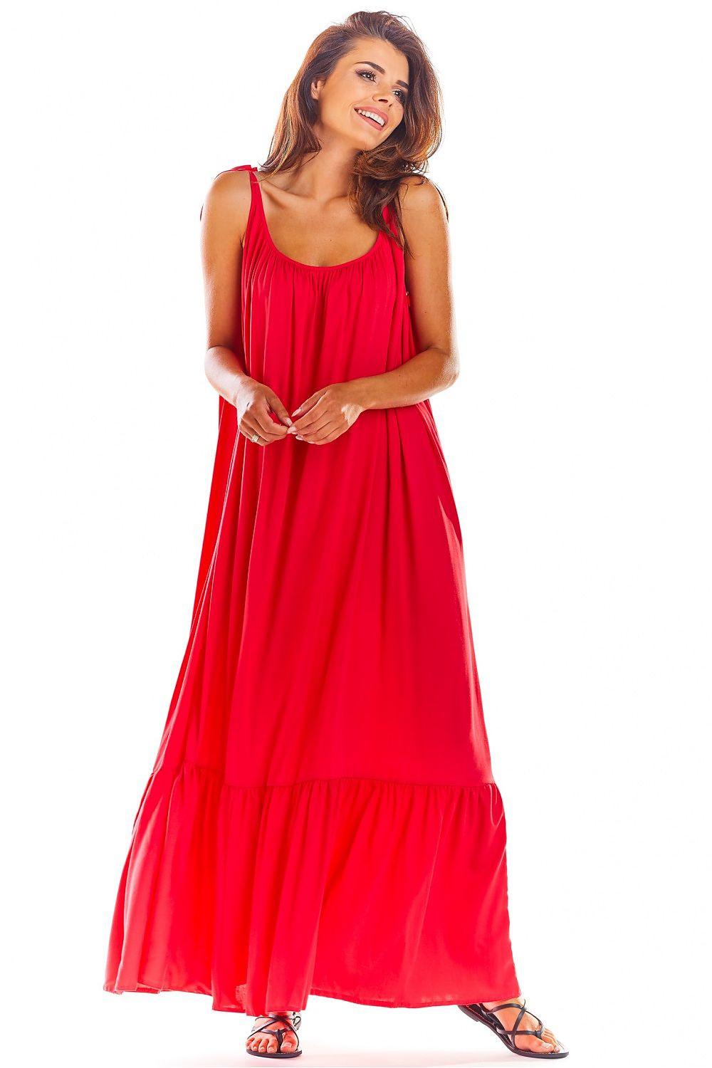 Red daydress with scoop neckline and sleeveless gathered skirt hem