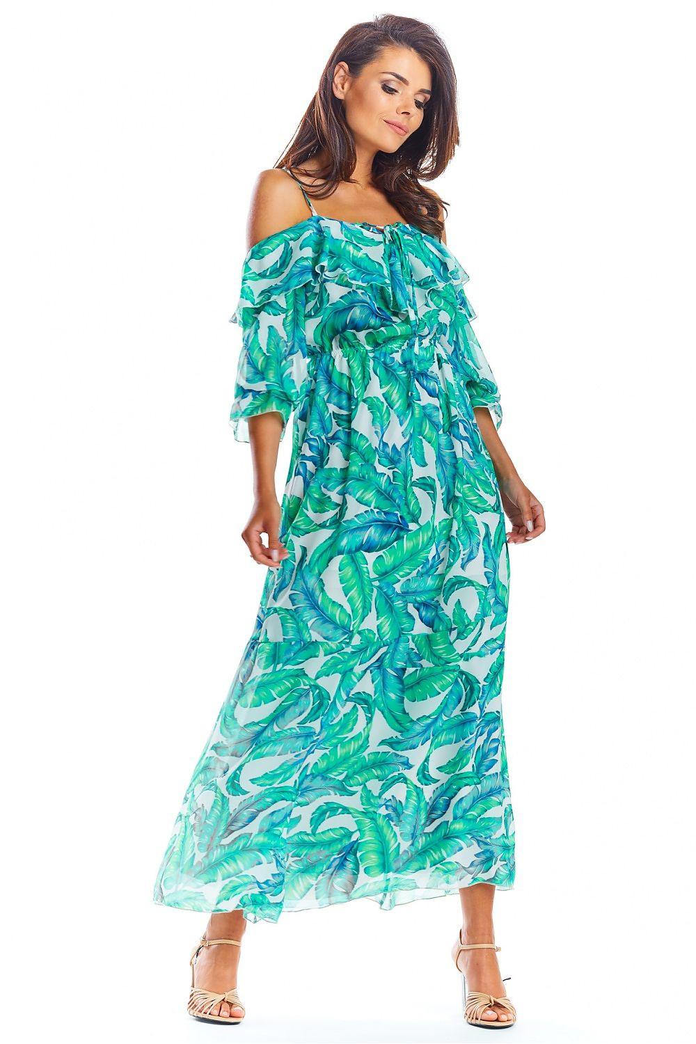 Green leaf-print off-shoulder daydress with ruffled sleeves and tiered skirt