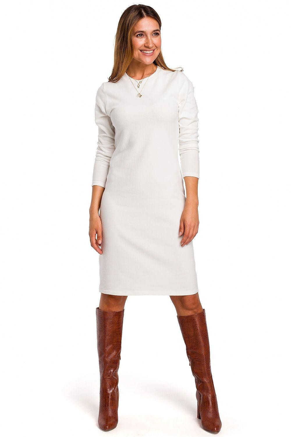 White daydress with elbow-length sleeves, crew neck, fitted midi silhouette