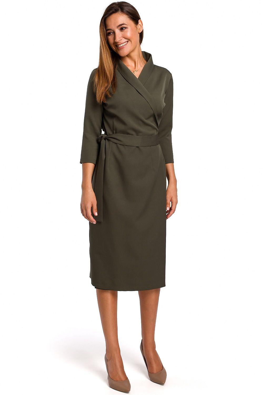 Wrap day dress, olive green with V-neck and 3/4 sleeves, belted waist