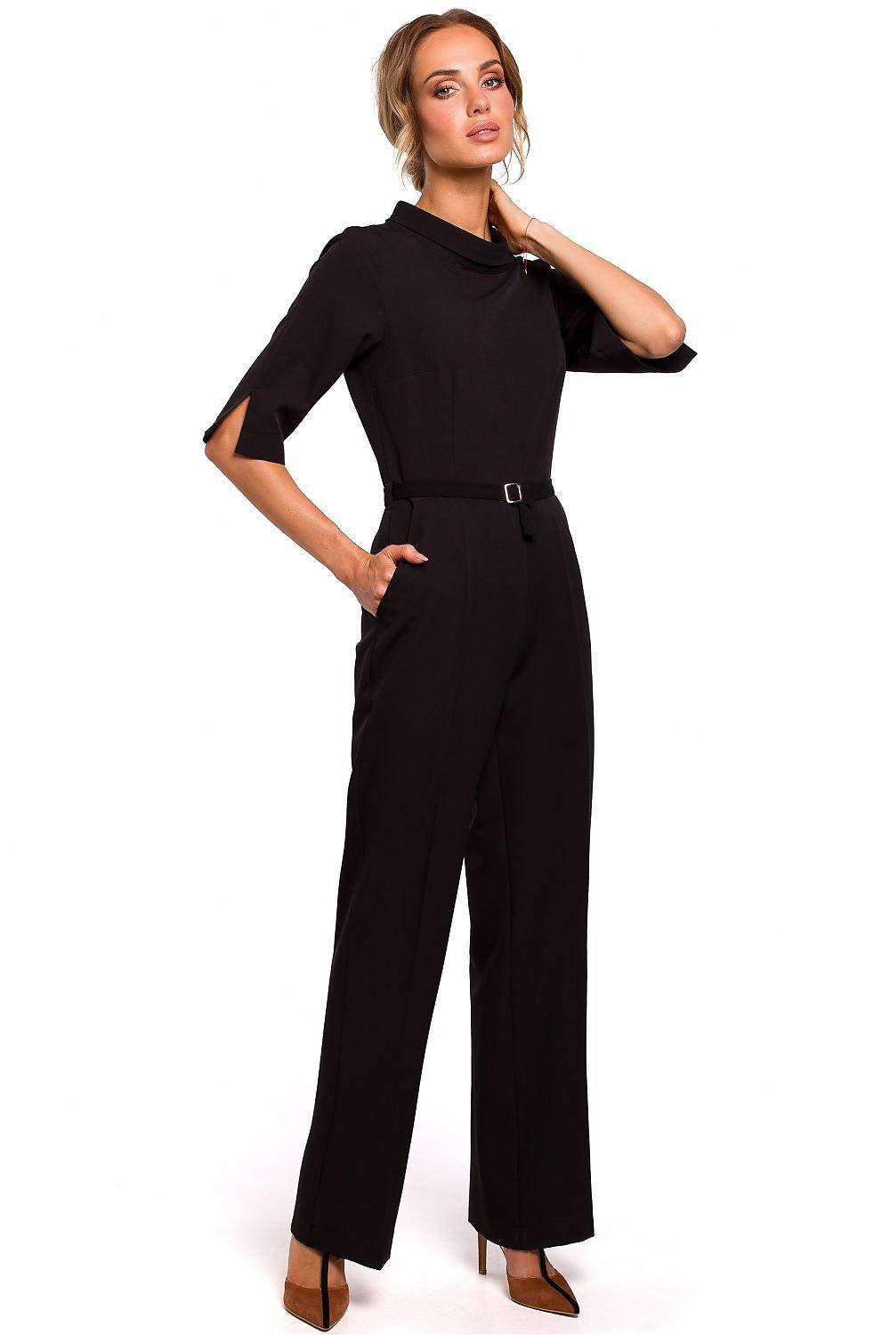 Black women's jumpsuit with half sleeves, wide legs, and waist tie belt