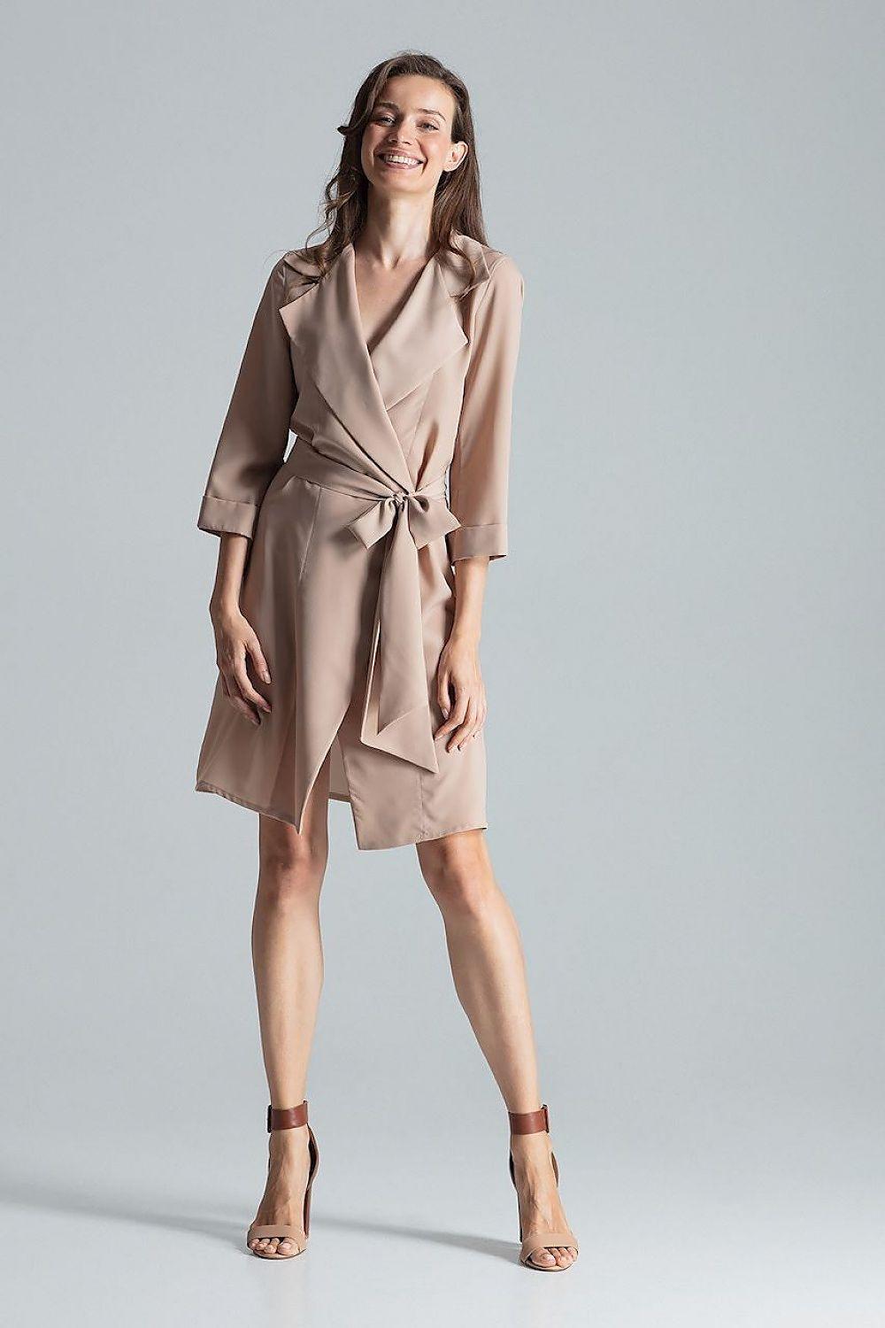 Beige wrap daydress with V-neck, tie belt and 3/4 sleeves, above-knee length