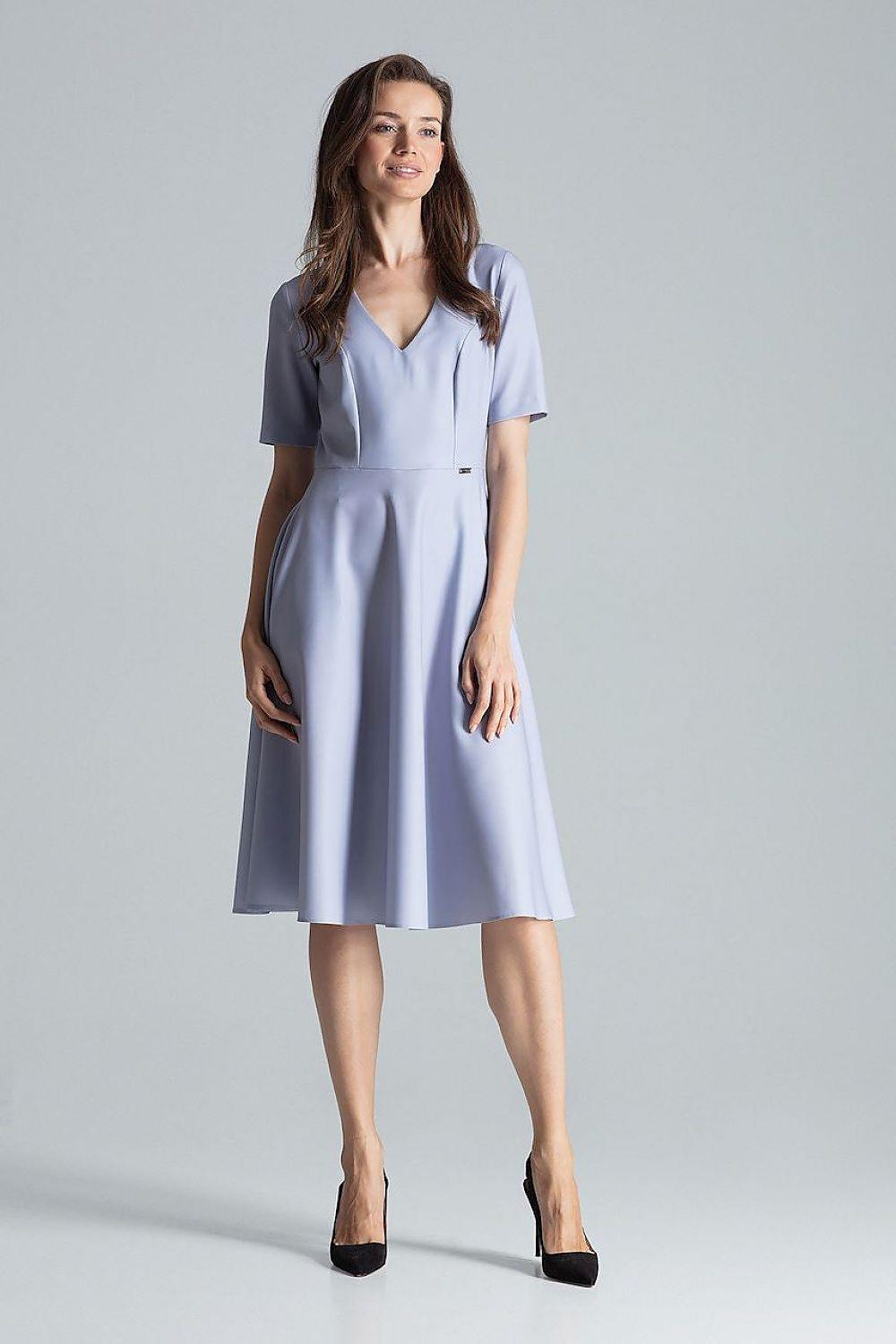 Pale blue V-neck daydress with short sleeves and fitted waist, knee-length flare
