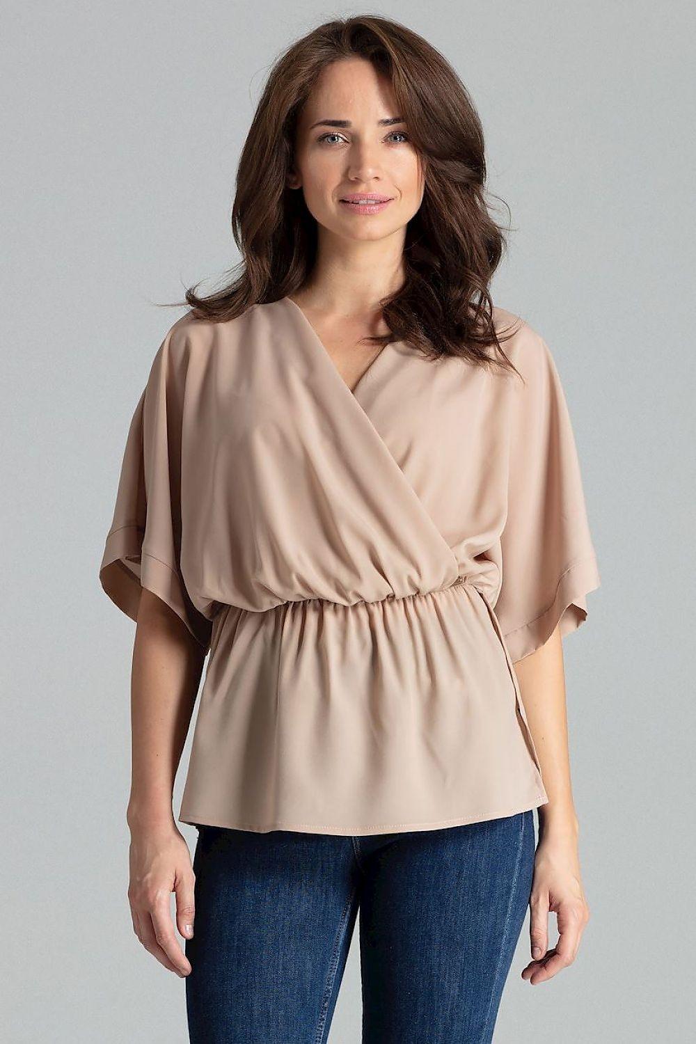 Beige kimono-sleeve blouse with V-neck wrap and gathered waist, short batwing sleeves