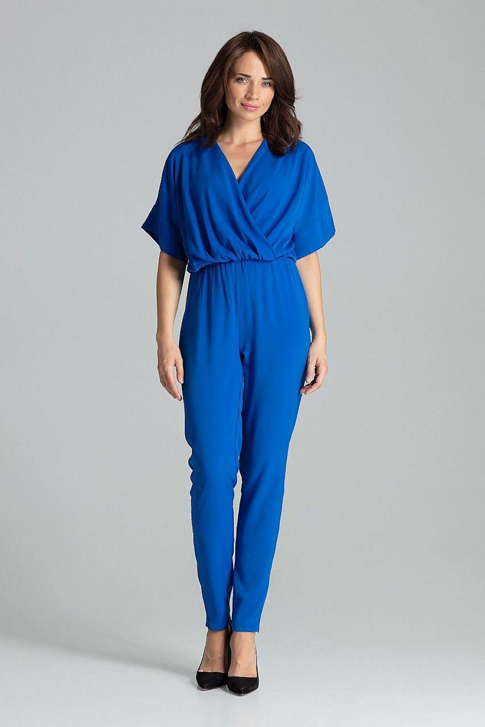 Blue V-neck belted jumpsuit with short sleeves and tapered ankle pants