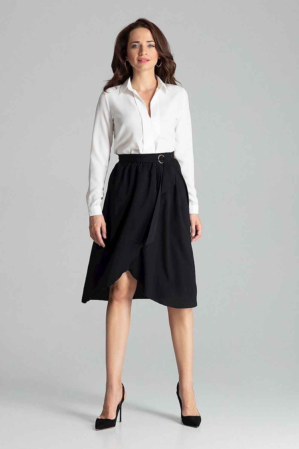 Black midi skirt with pleated waist and gold buckle detail, A-line silhouette