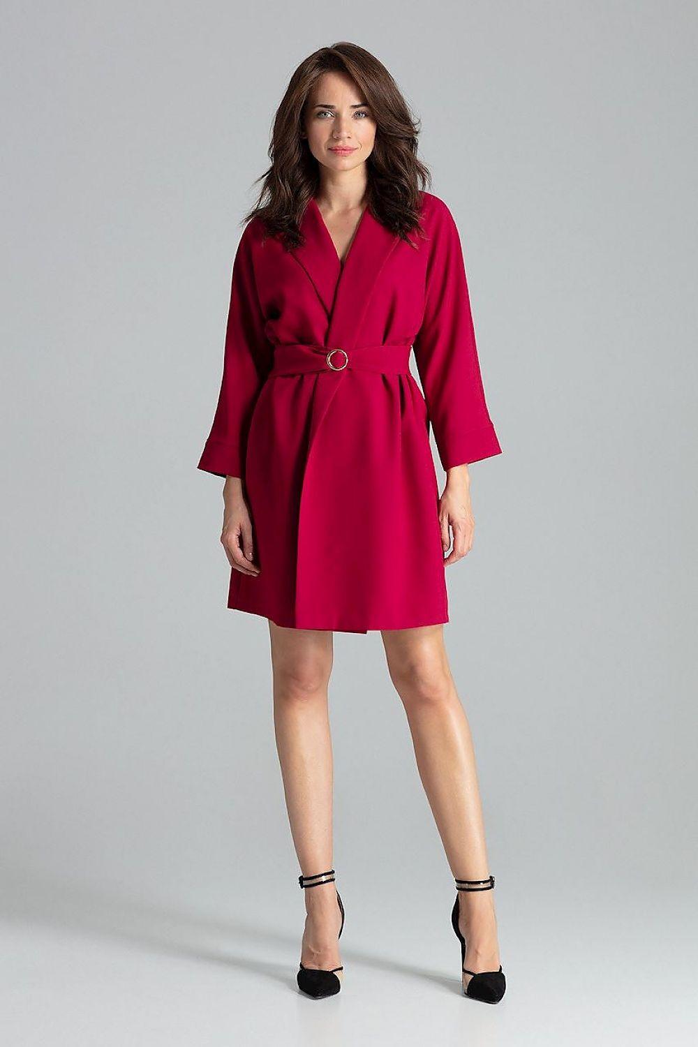 Red daydress with V-neck, 3/4 sleeves and waist belt, above-knee length