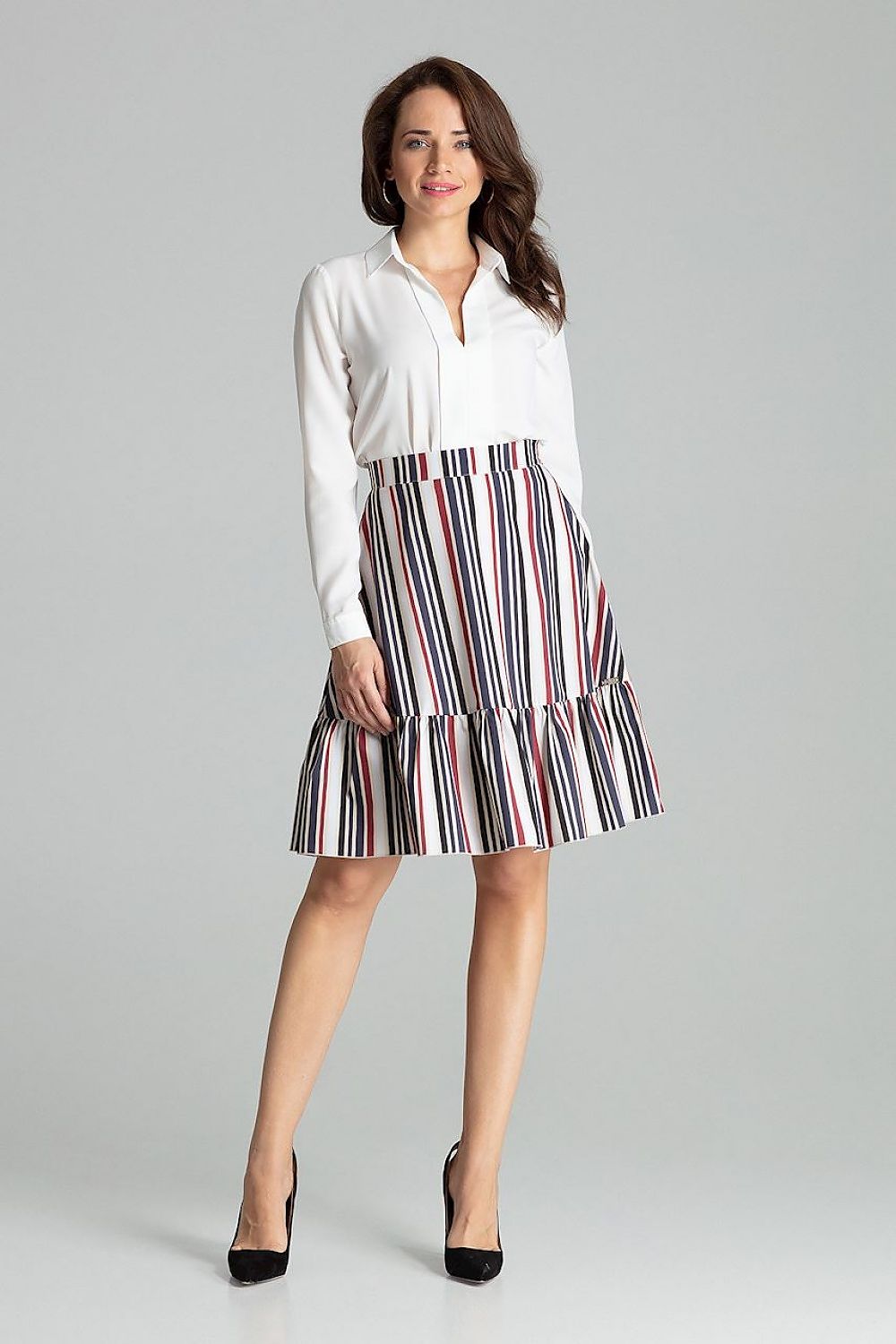 Multicolor striped flared skirt with decorative frill hem