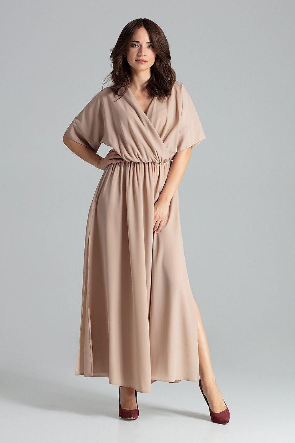 Beige wrap midi dress with short sleeves, gathered waist and V-neck