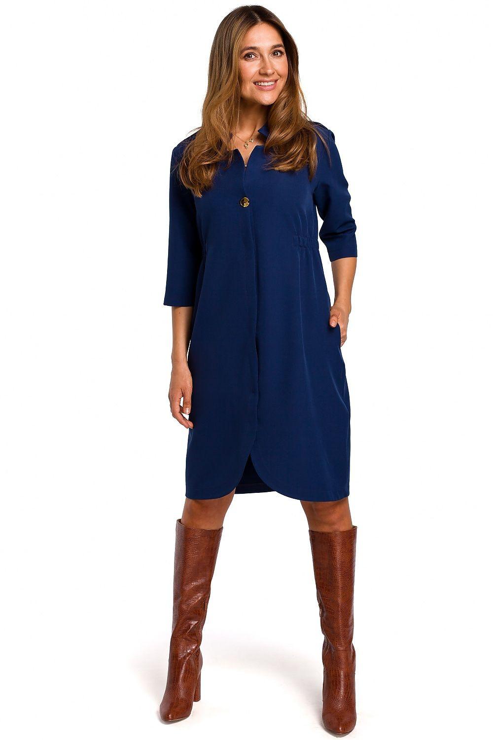 Navy blue daydress with 3/4 sleeves, button-front and knee-length hem