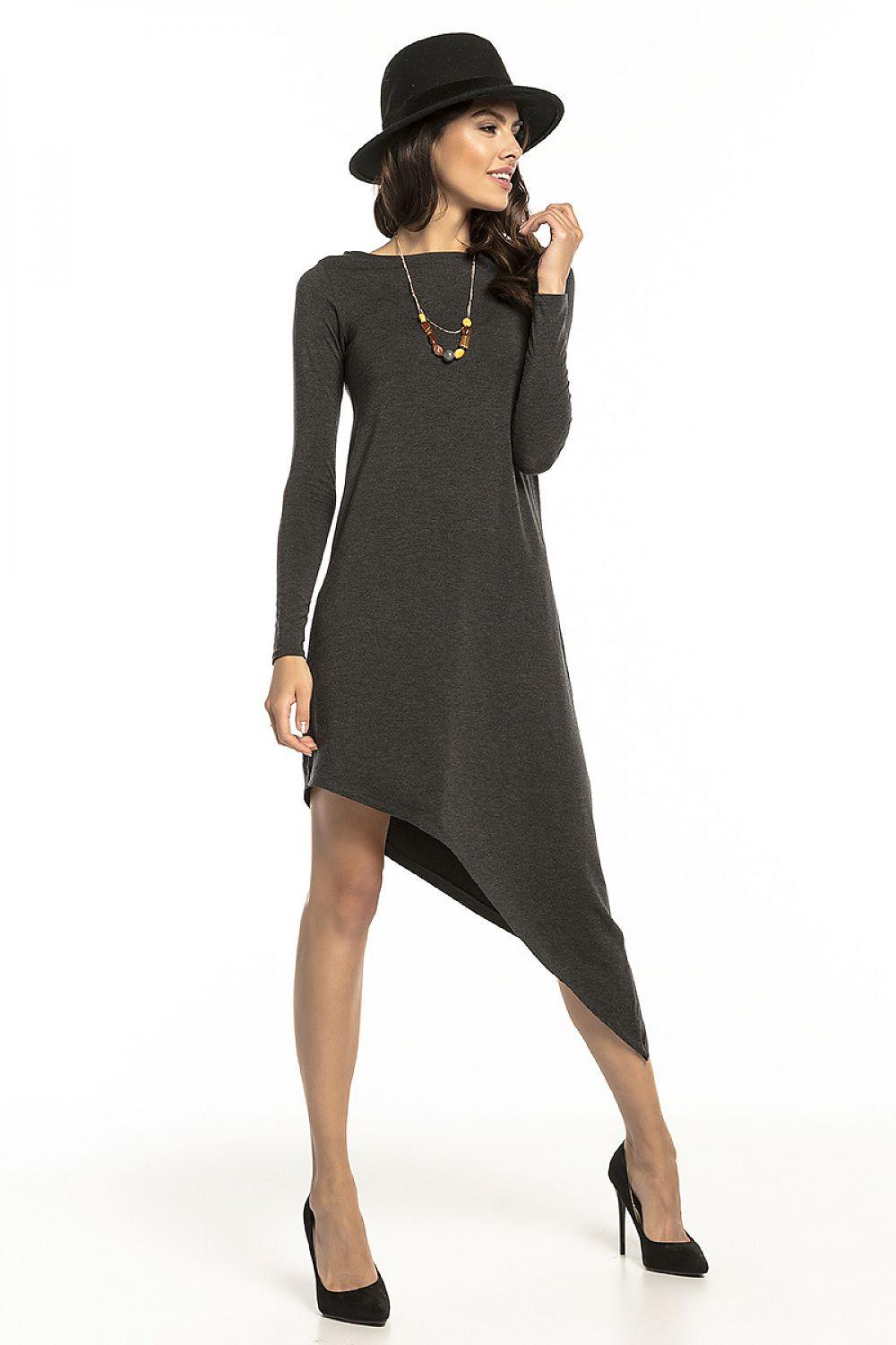 Dark grey asymmetrical evening dress with long sleeves and angled hem