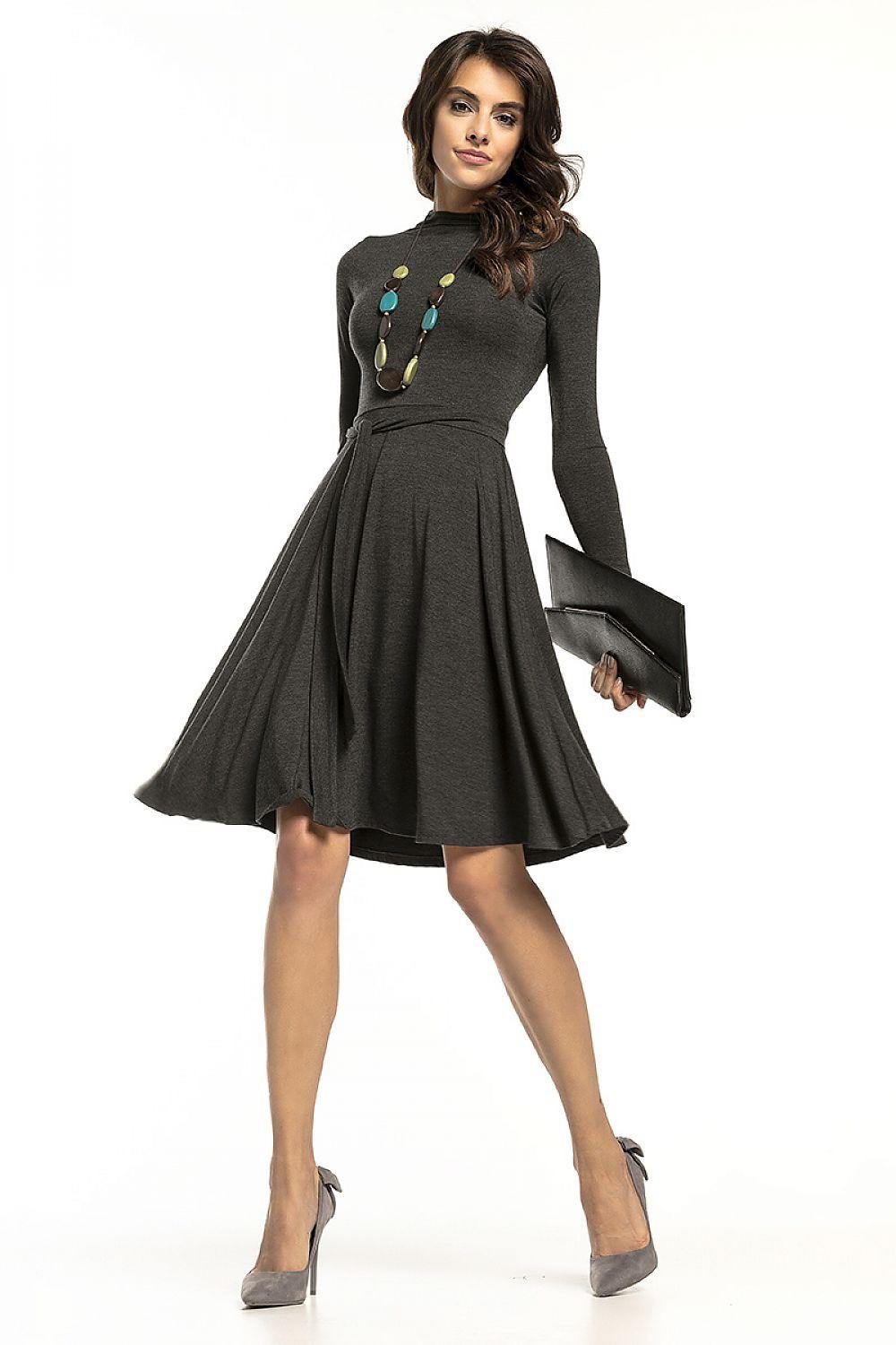 Grey daydress with long sleeves, fitted waist and flared skirt, colorful chest embroidery