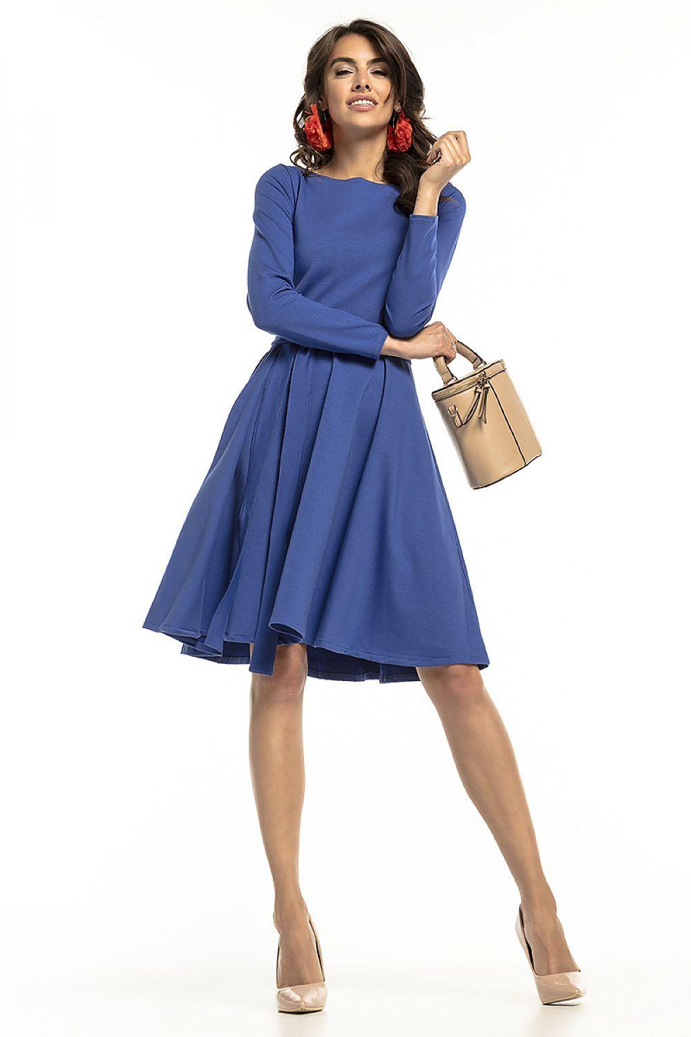 Tessita daydress in blue, long-sleeve A-line with gathered waist and flared hem