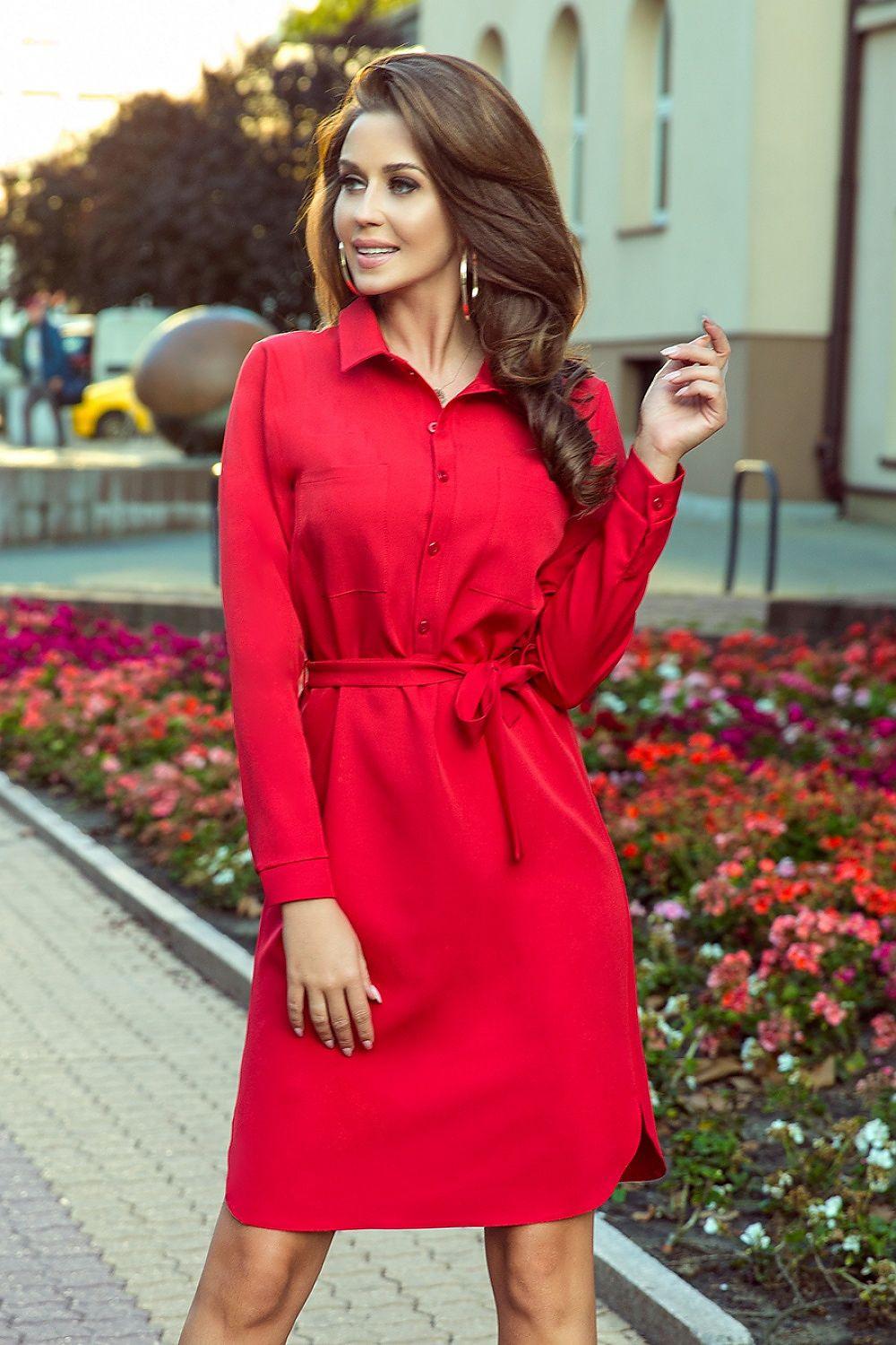 Numoco model 137227 shirt daydress, red, long sleeves, tie belt at waist