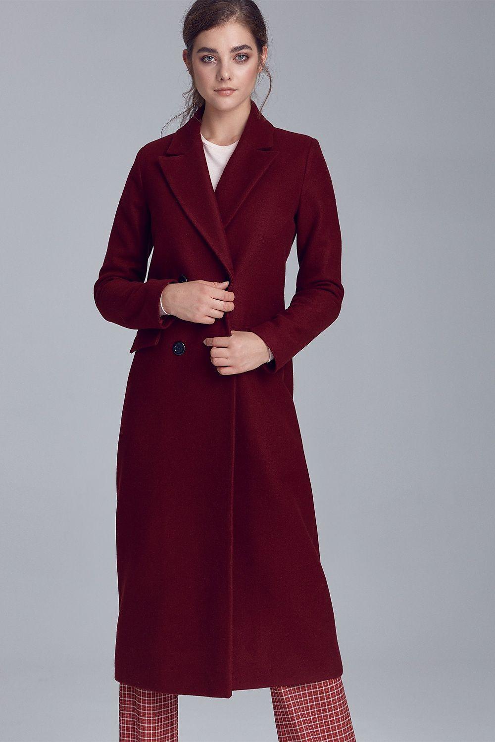 Women’s wool-blend long double-breasted coat, burgundy, notch lapels, button front