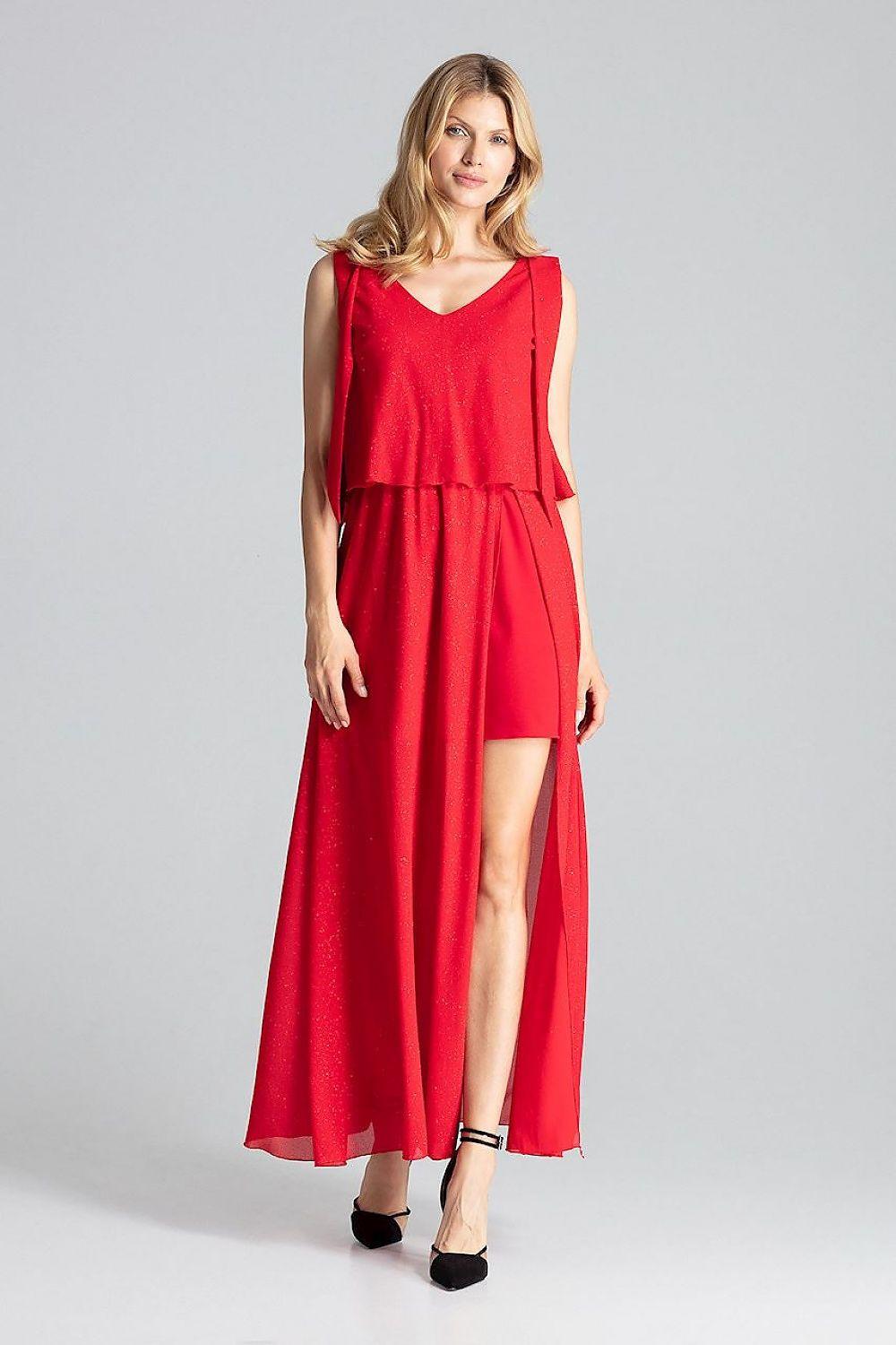 Figl cocktail dress in bright red with V neckline, tiered waist, and side slit