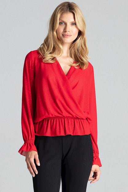 Red brocade blouse with envelope V-neck and long blouson sleeves, gathered waist