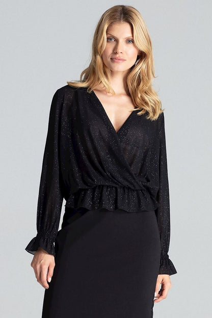 Black brocade blouse with wrap V-neck, long sleeves, peplum-style gathered waist
