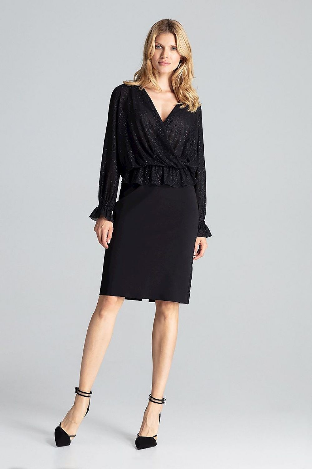 Black brocade blouse with envelope V-neck and long sleeves, gathered waist top