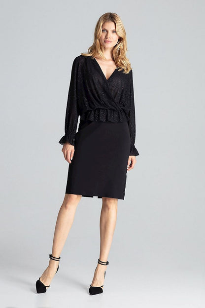 Black brocade blouse with envelope V-neck and long sleeves, gathered waist top