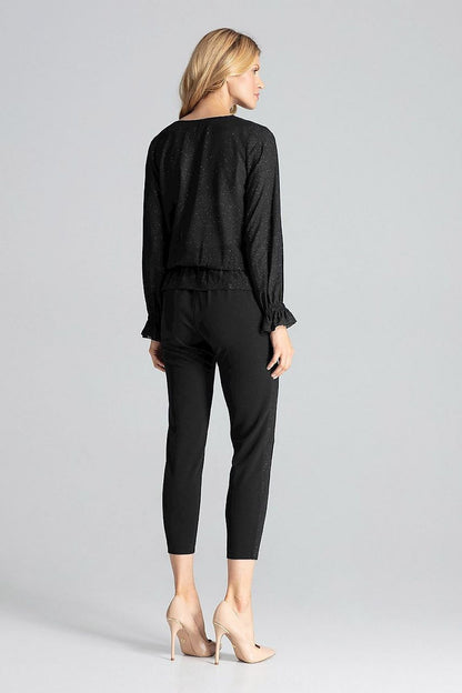 Black brocade blouse back view with long sleeves and gathered waist