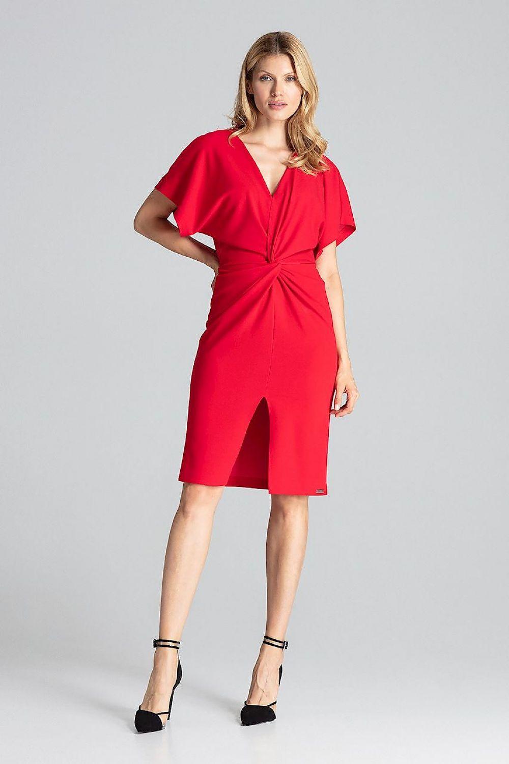 Figl red daydress with V-neck, short sleeves, knot waist and front slit
