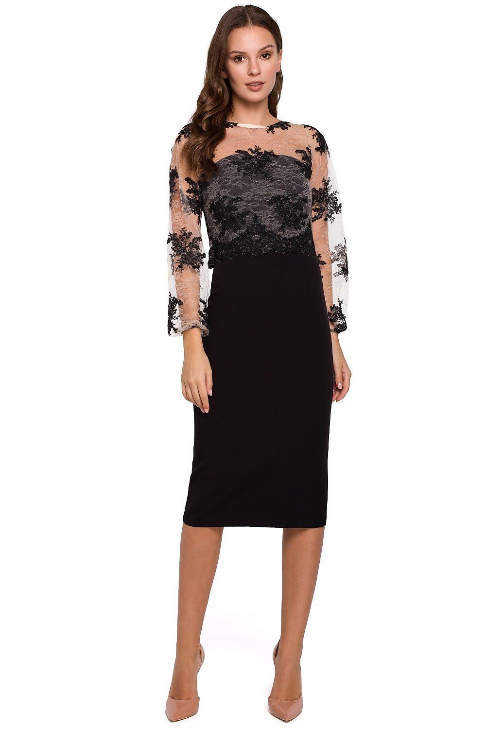 Black cocktail dress with sheer lace long sleeves and knee-length pencil silhouette