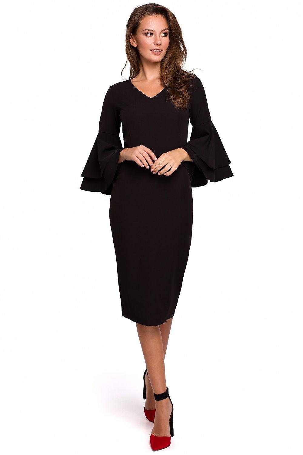 Black cocktail dress with V-neck and flared bell sleeves, midi length