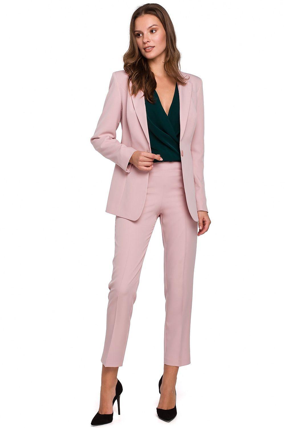 Slim-fit lined blazer in blush pink with front button closure and long sleeves