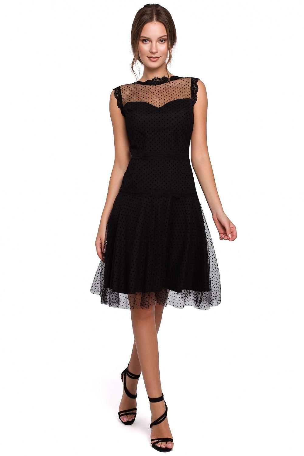 Black sleeveless cocktail dress with lace mesh yoke and textured tulle skirt