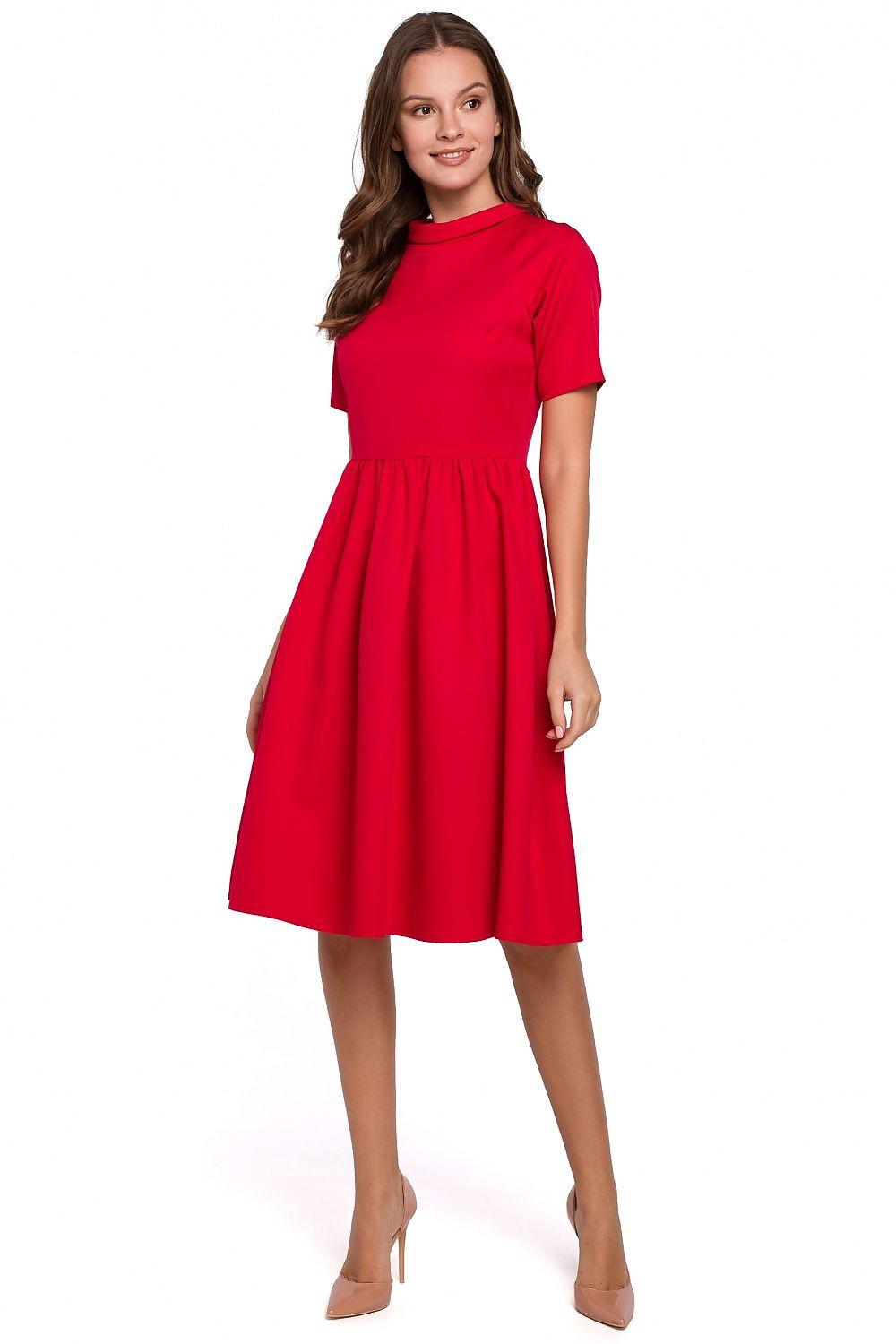 Red short-sleeve daydress with gathered waist and full A-line skirt