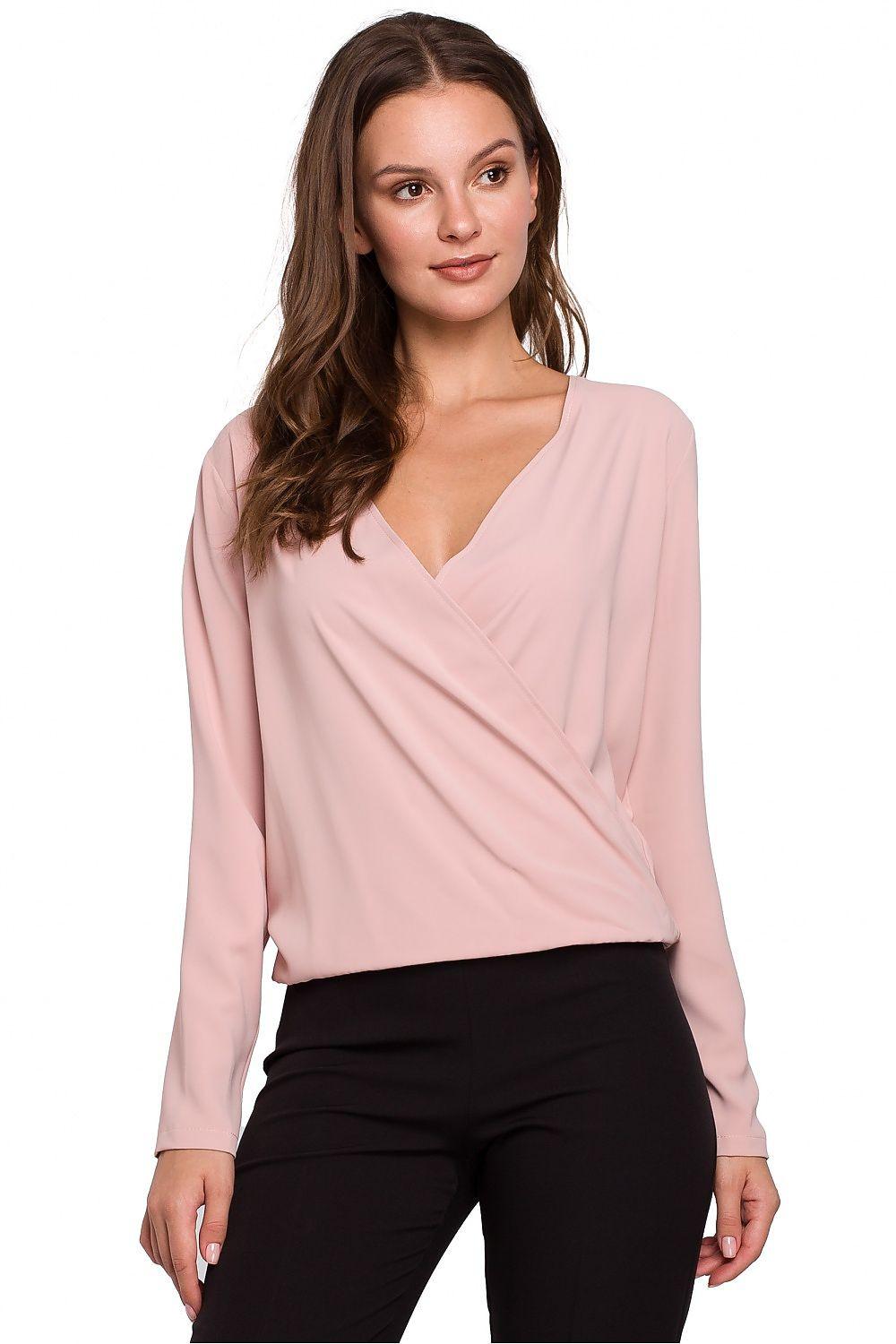 Pink V-neck wrap blouse with long sleeves