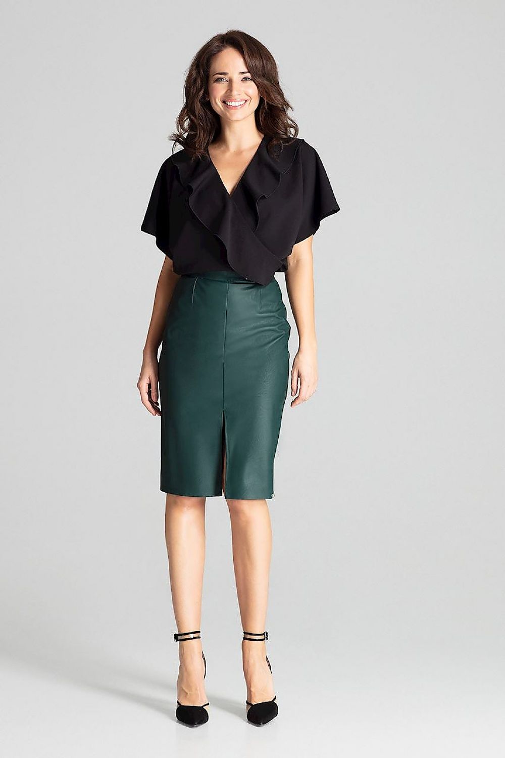 Green eco-leather midi pencil skirt with front slit