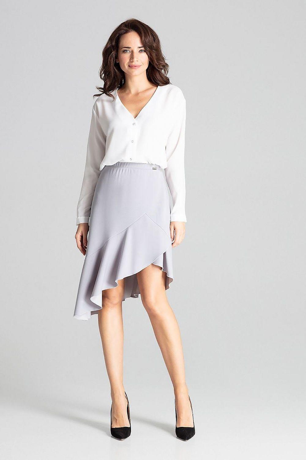 Grey asymmetrical midi skirt with high-low hem and flared A-line shape