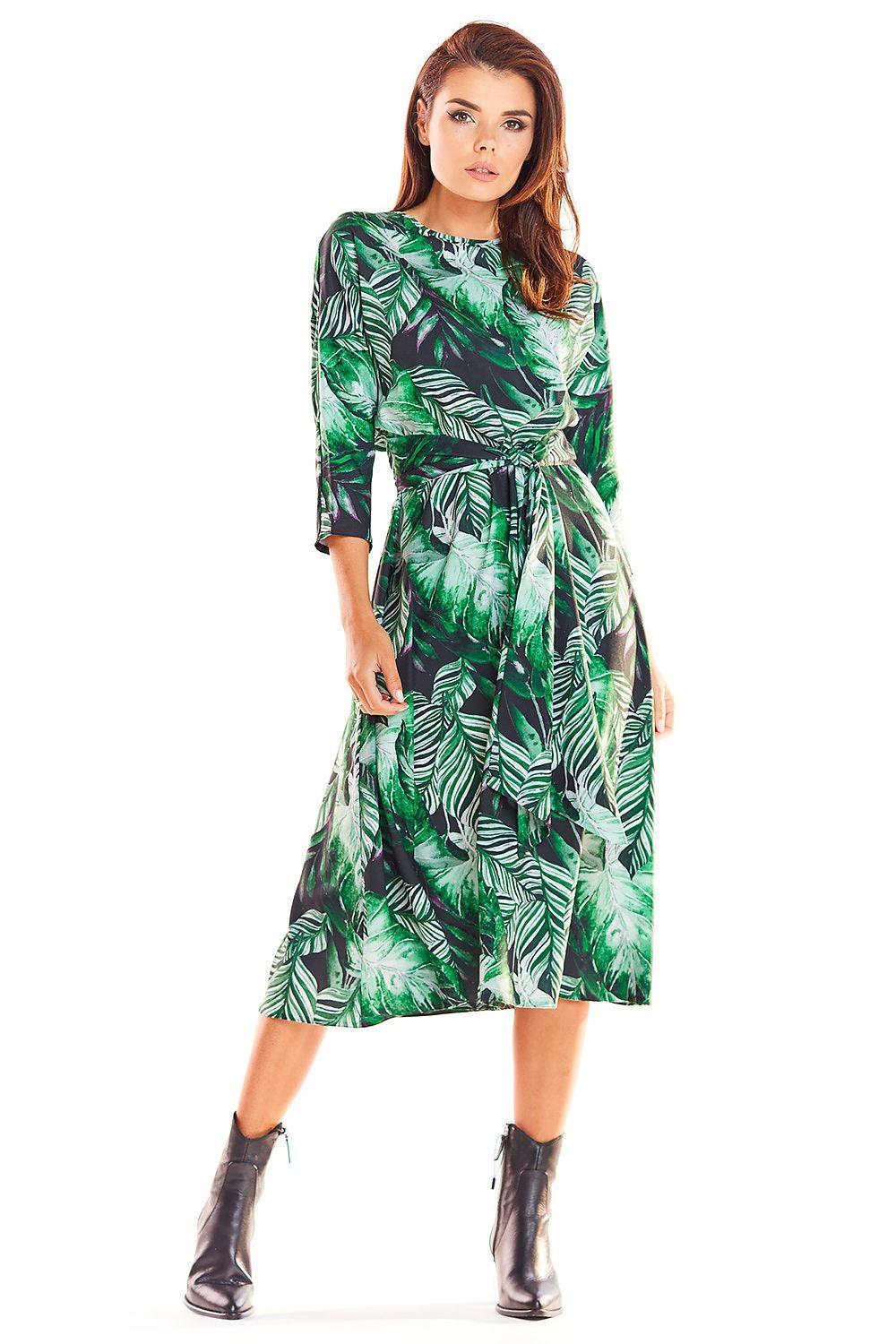 Awama green leaf-print daydress with 3/4 sleeves and waist tie