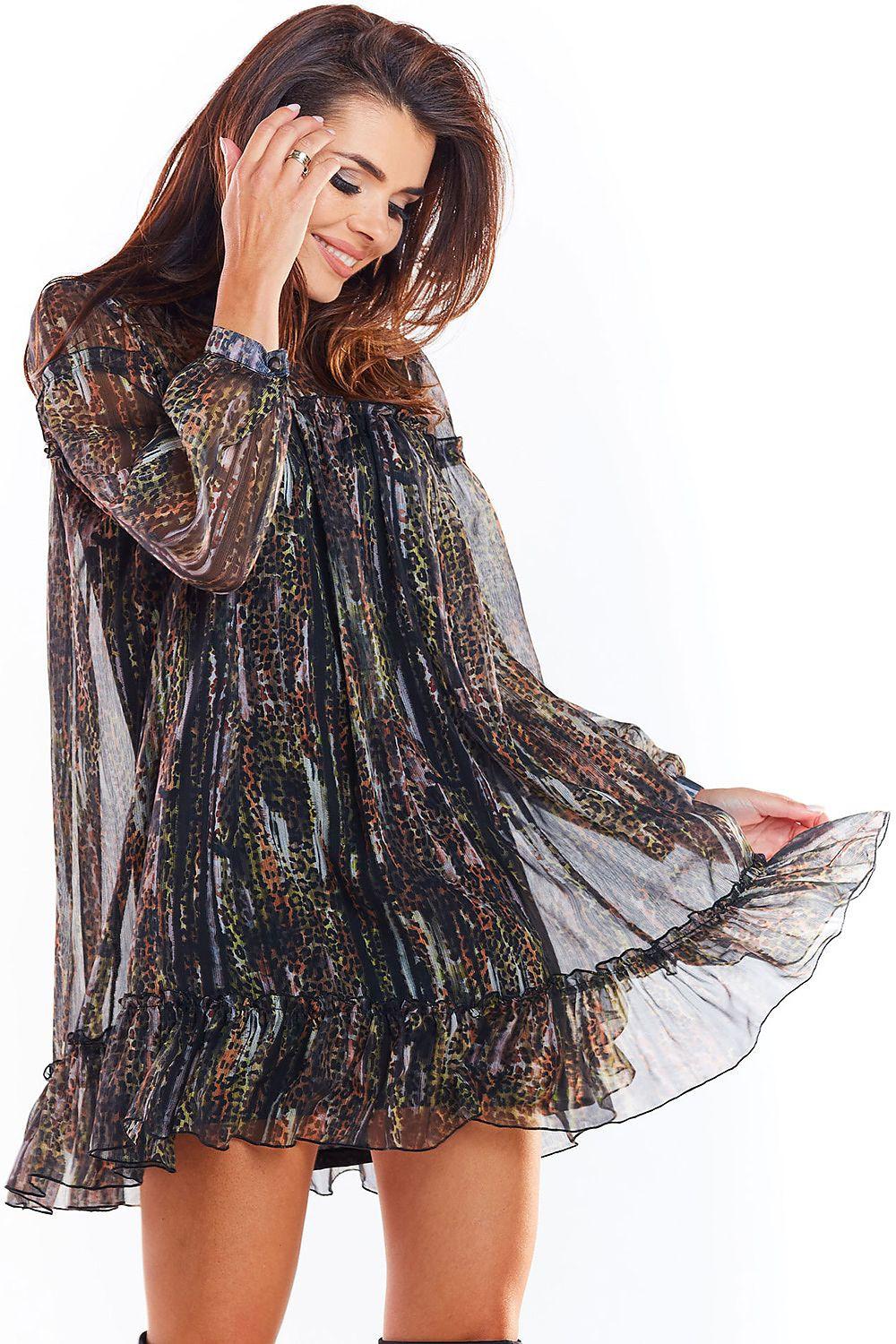 Cocktail dress with long sheer sleeves, layered ruffle hem, dark multicolor pattern