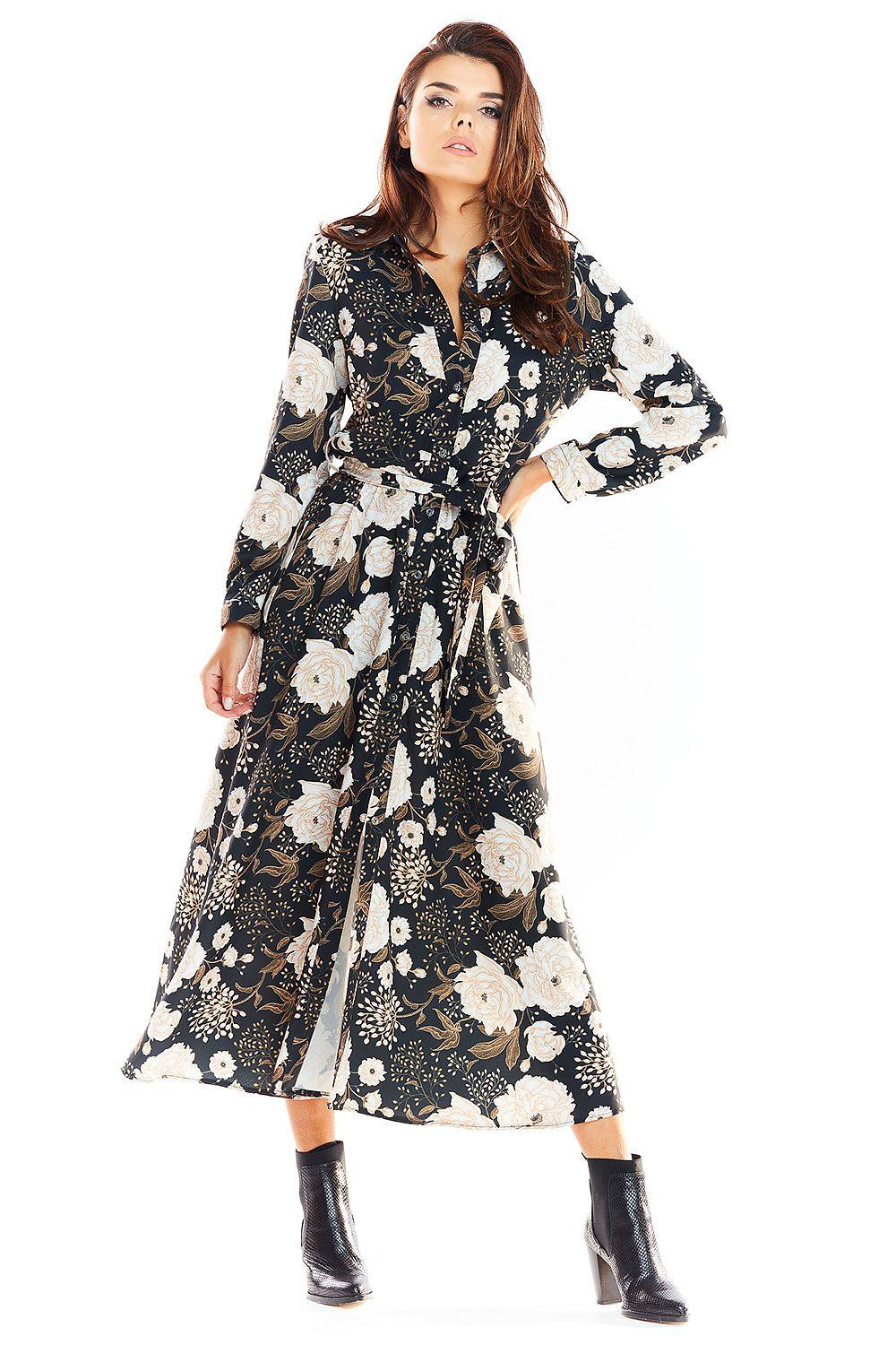 Long-sleeve midi daydress in black with white floral print, button front