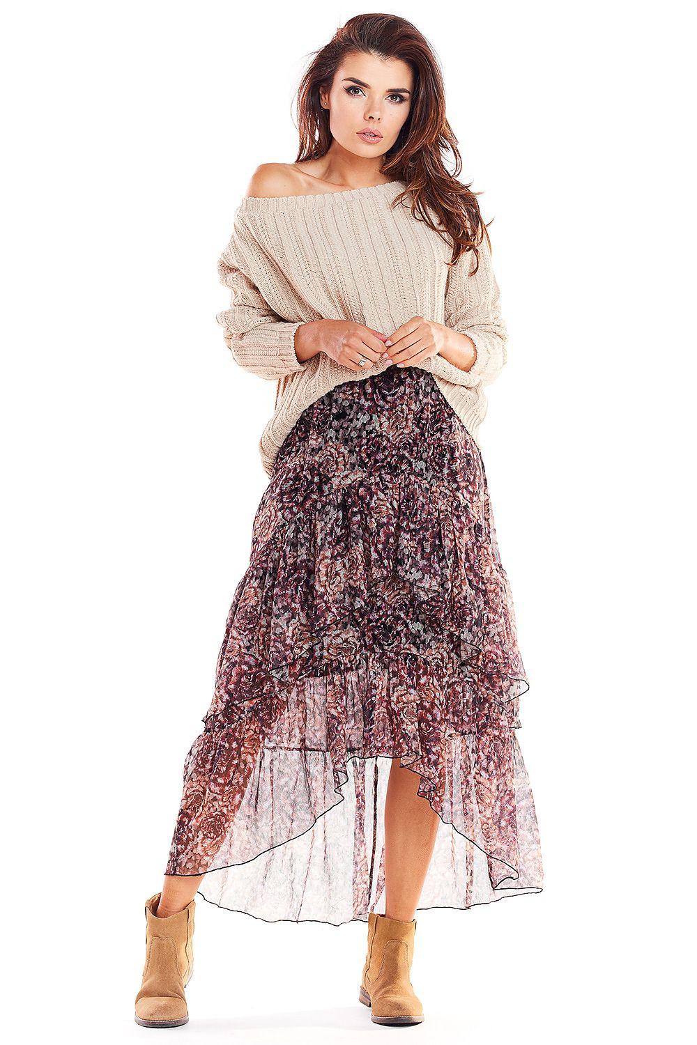 Floral midi skirt with layered mesh hem and asymmetrical panels, dark multicolor