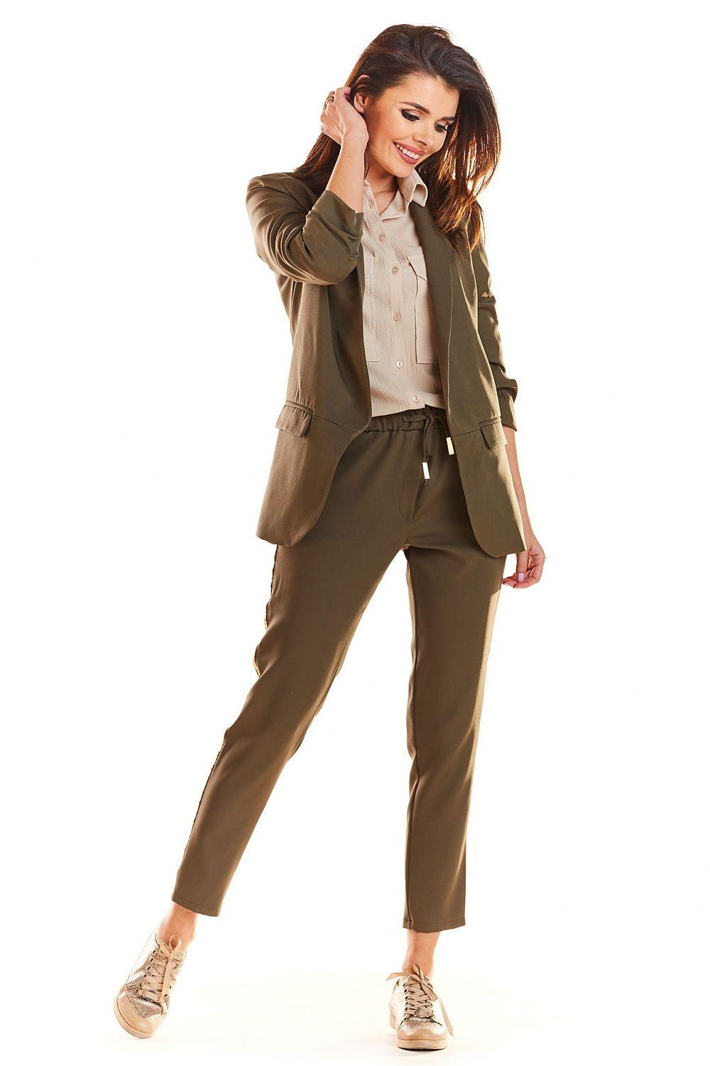 Awama women's trousers, olive green ankle-length, slim fit with side pockets