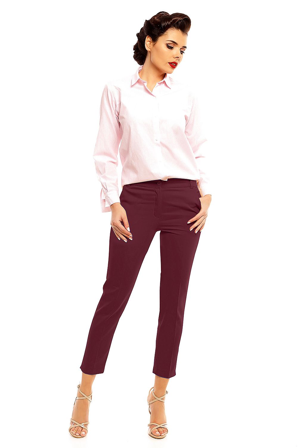 Cabba women’s tailored 7/8 trousers, burgundy with slim fit and cuffed hem