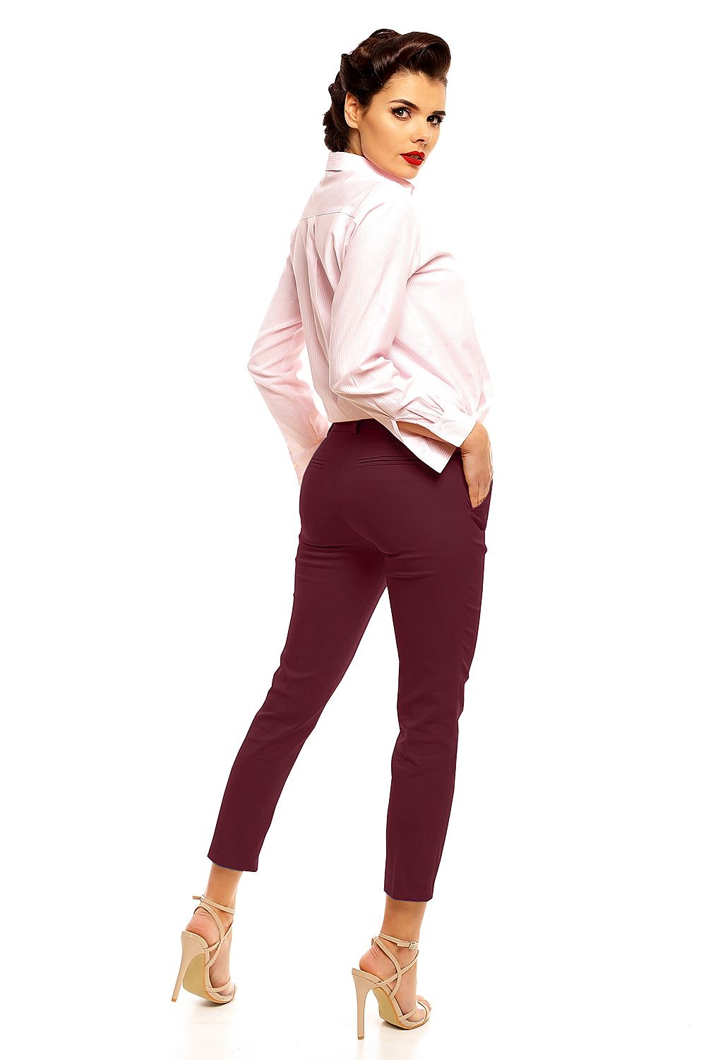 Women’s tailored 7/8 trousers, slim leg, dark maroon, side view