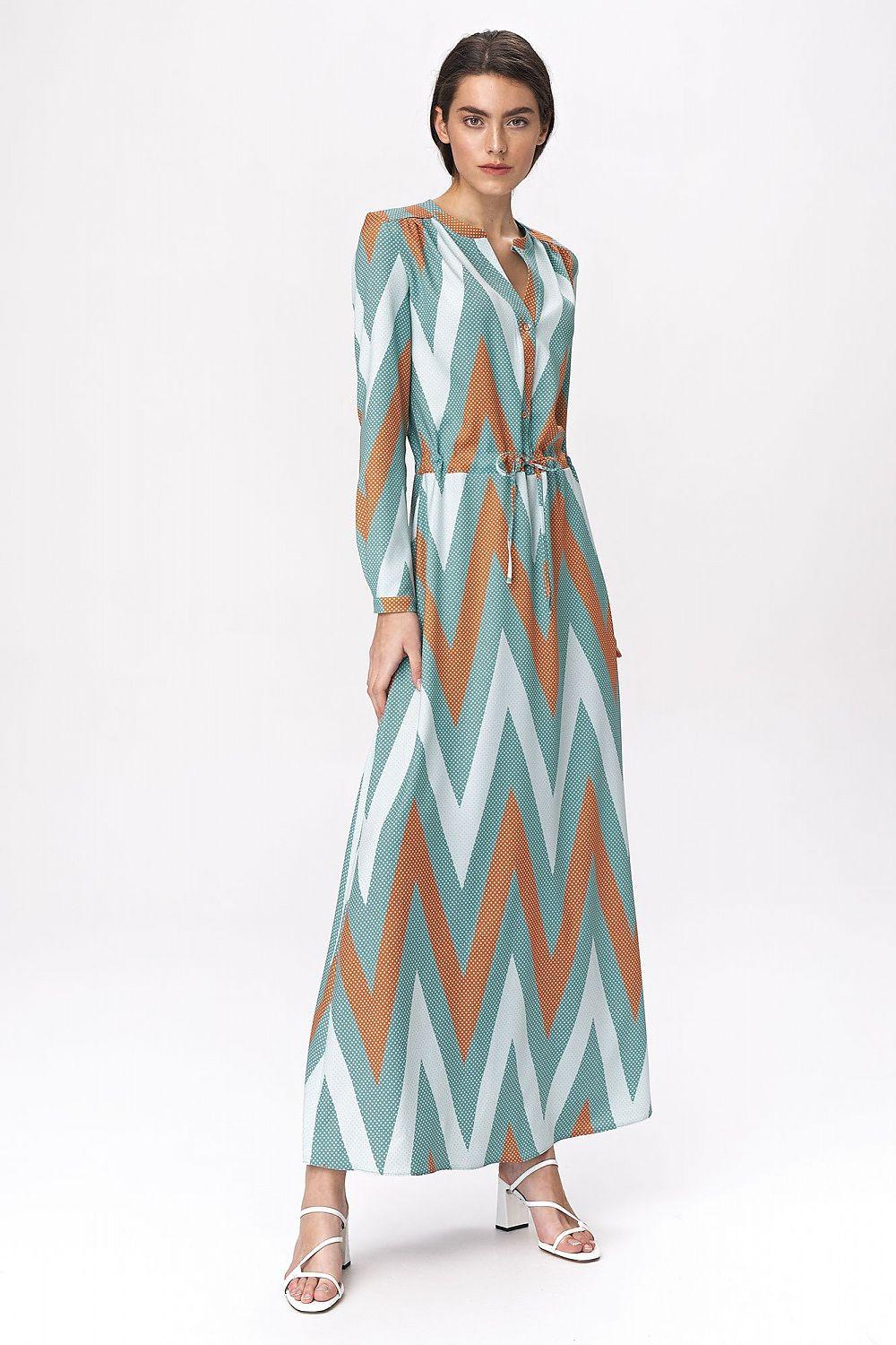 Women’s multicolor zigzag chevron daydress with long sleeves, V-neck and waist belt
