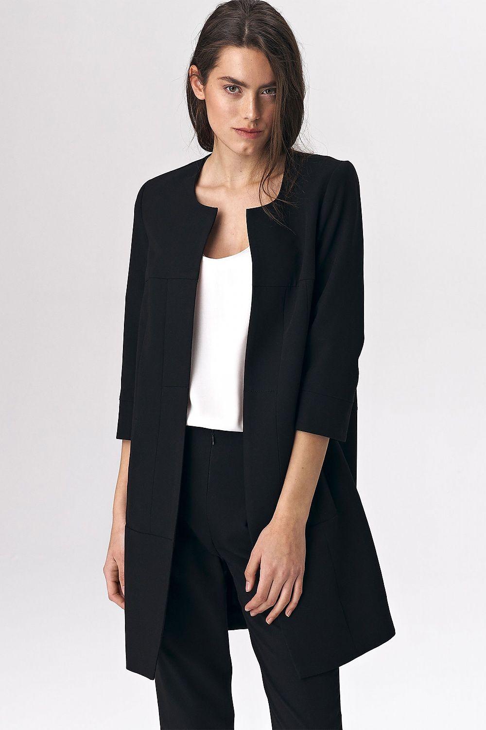 Black long jacket with open front, 3/4 sleeves, and front drape
