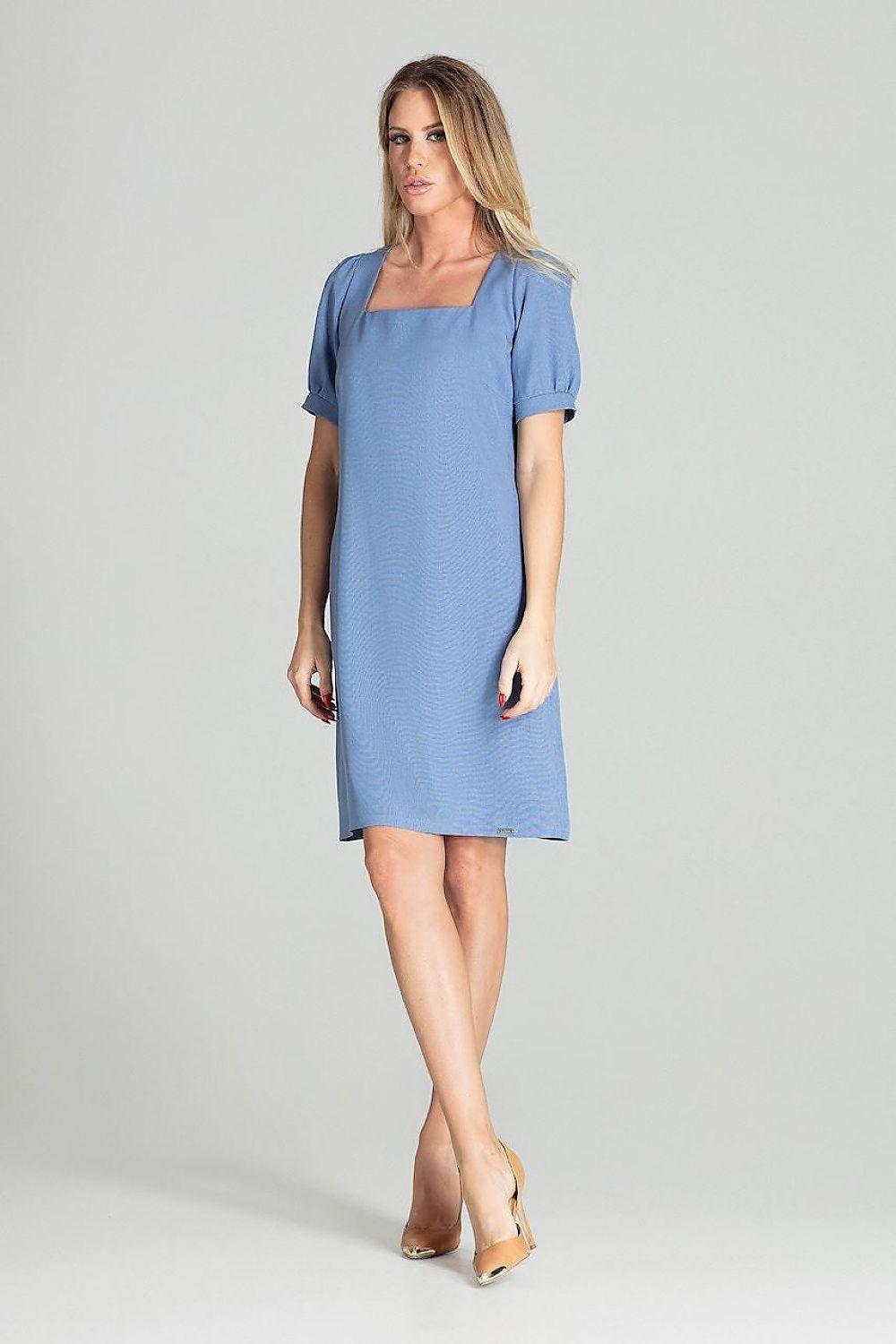 Blue daydress with square neckline, short puff sleeves, above-knee length.