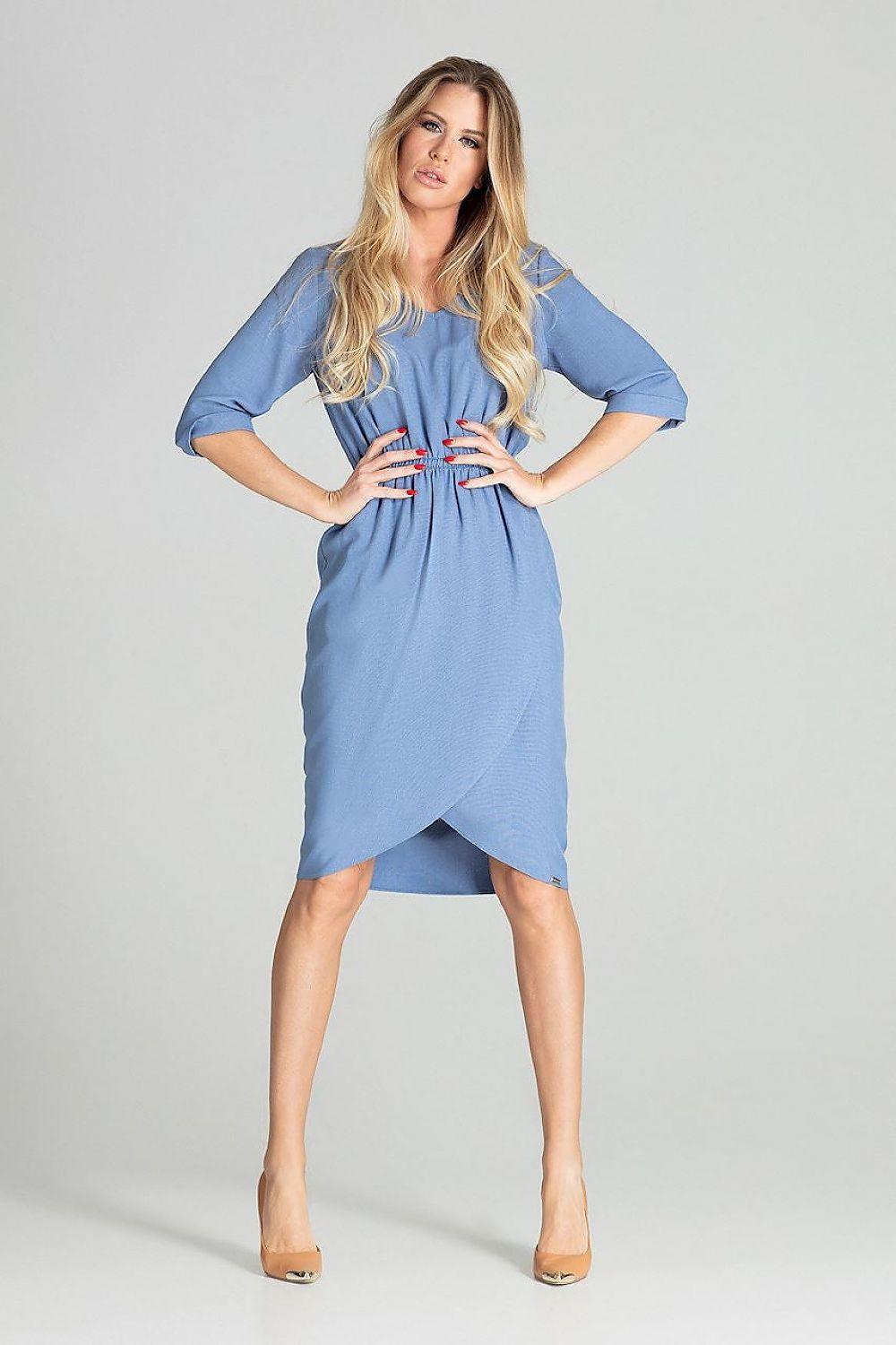 Blue daydress with gathered waist and elbow-length sleeves, asymmetrical hem
