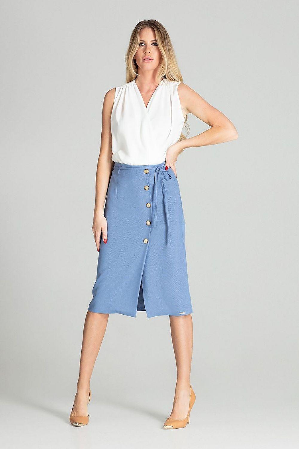 Blue midi skirt with front buttons and tie belt